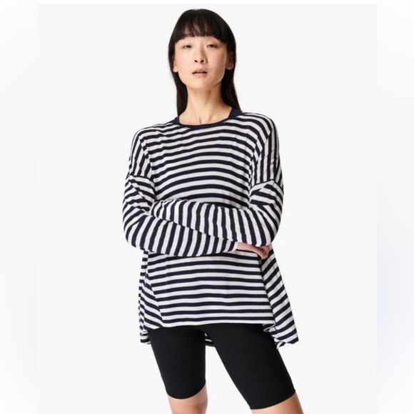 Sweaty Betty Striped Long Sleeve Shirt Navy  White Small Preppy Activewear Comfy - Picture 1 of 9